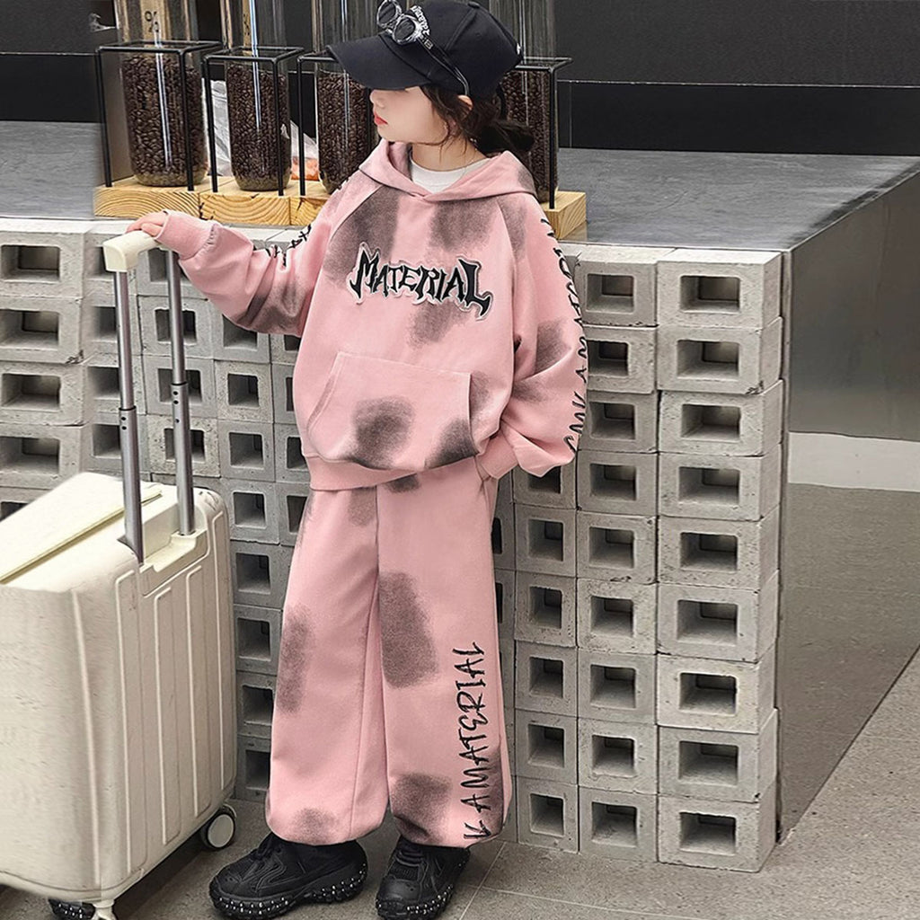 Girls Pink Abstract Printed Hooded Neck Sweatshirt With Pants Winter Co-ord Set 2 pc. Sets Pink 5-6 Y
