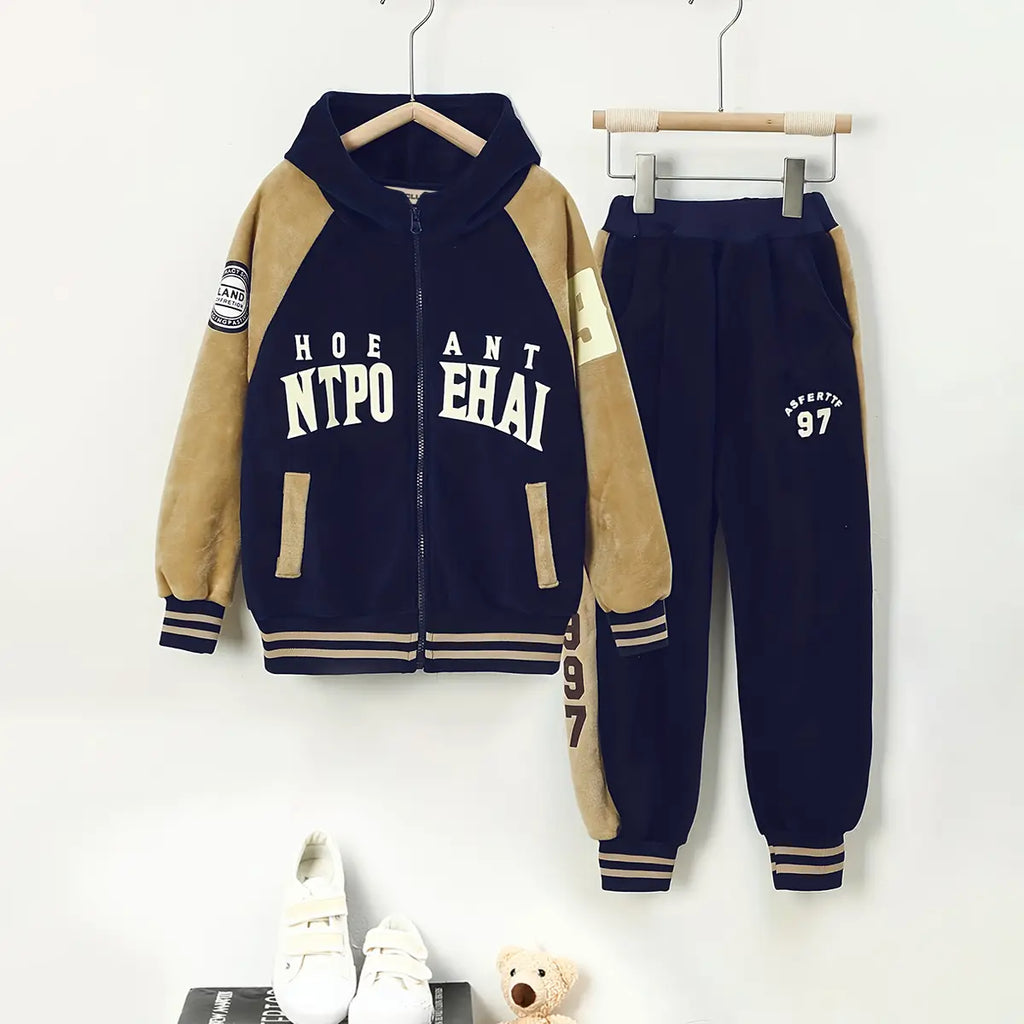 Boys Navy Blue Typographic Printed Hooded Zipper Jacket With Jogger Sets Sets Navy Blue 5-6 Y