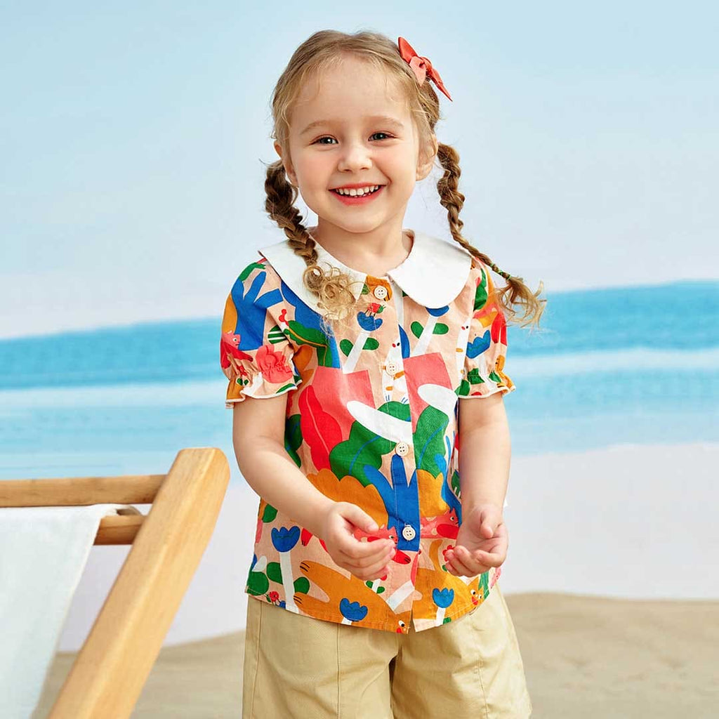 Girls Short Sleeve Peter Pan Collar Printed Shirt Shirts Multicolor 1-2 Y 