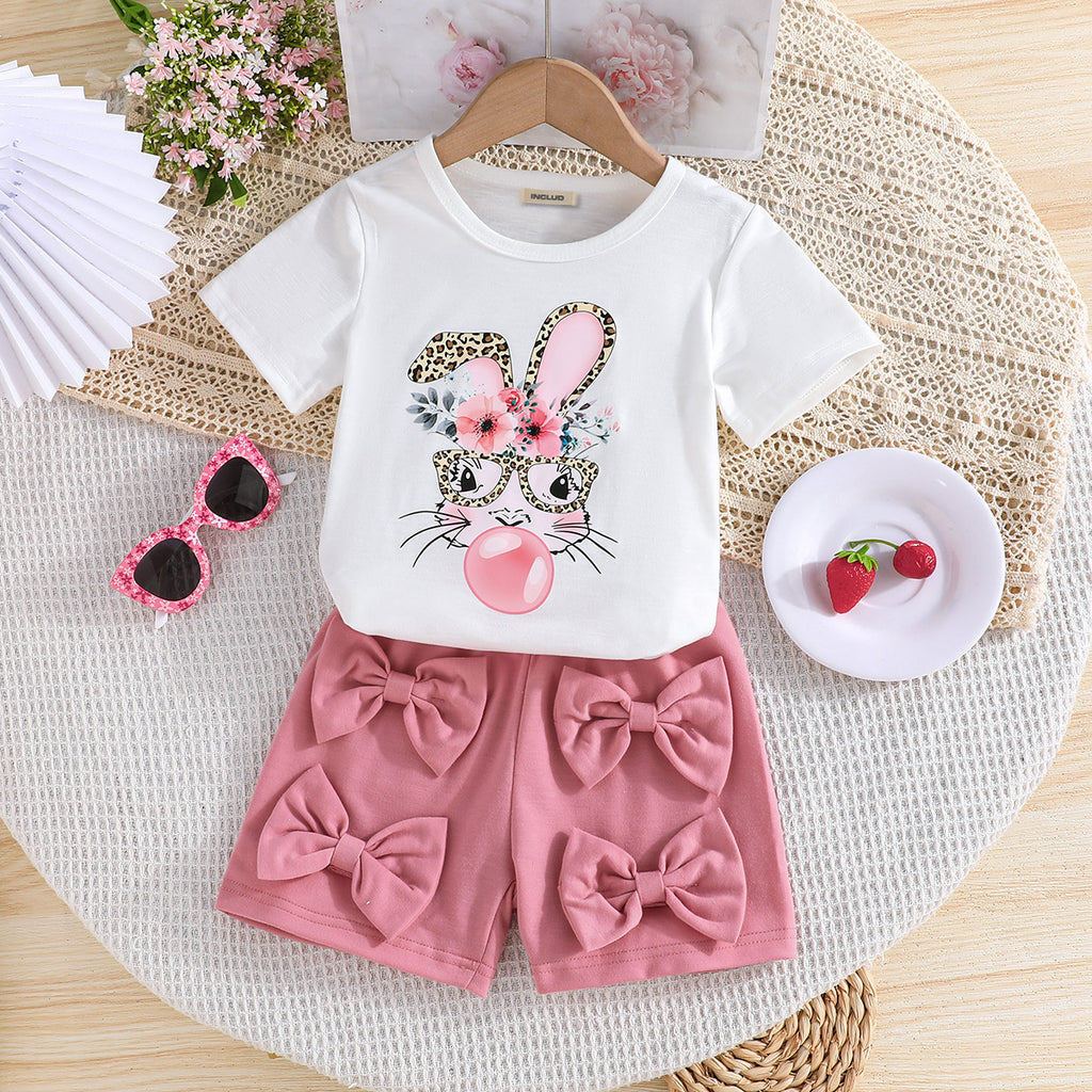 Girls White Rabbit Printed Short Sleeves T-Shirt With Shorts Set 2 pc. Sets White 3-4 Y