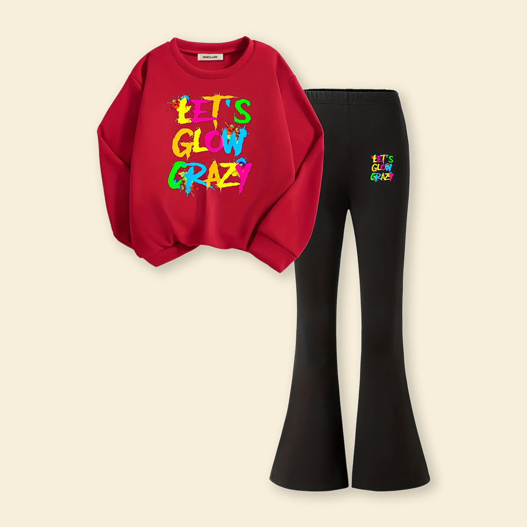 Girls Red Printed Sweatshirt With Flared Pants Sets 2 pc. Sets Red 7-8 Y