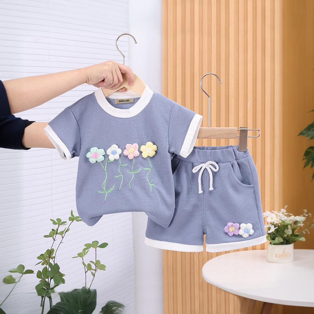 Girls Grey Flower Applique Short Sleeves Top With Shorts Set 2 pc. Sets Grey 1-2 Y