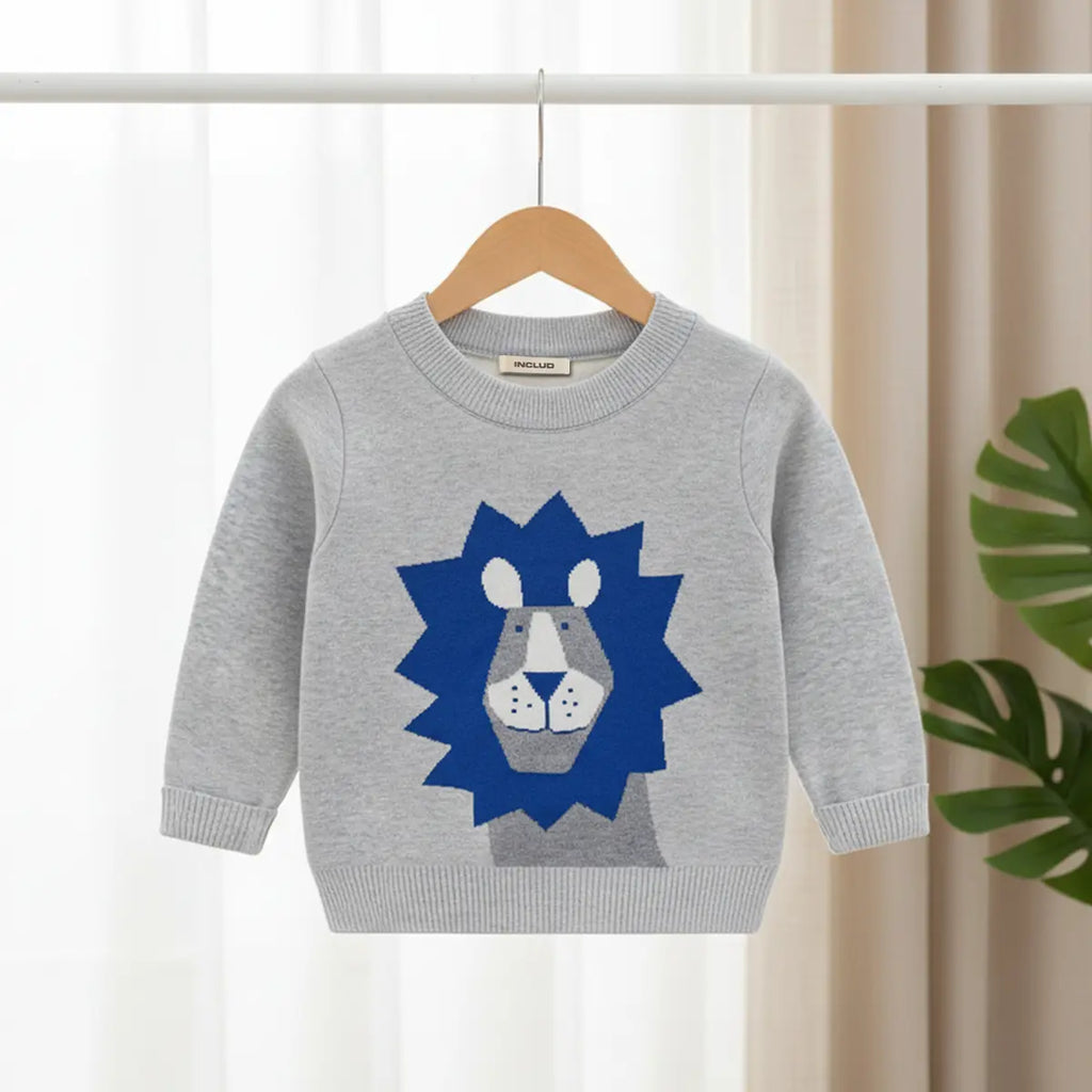 Boys Grey Self-Design Lion Pattern Knitted Sweater Sweaters & Cardigans Grey 1-2 Y