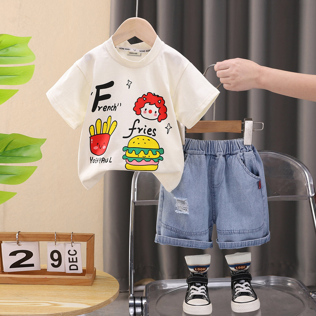 Boys White Printed T-shirt with Denim Shorts Set Sets White 1-2 Y