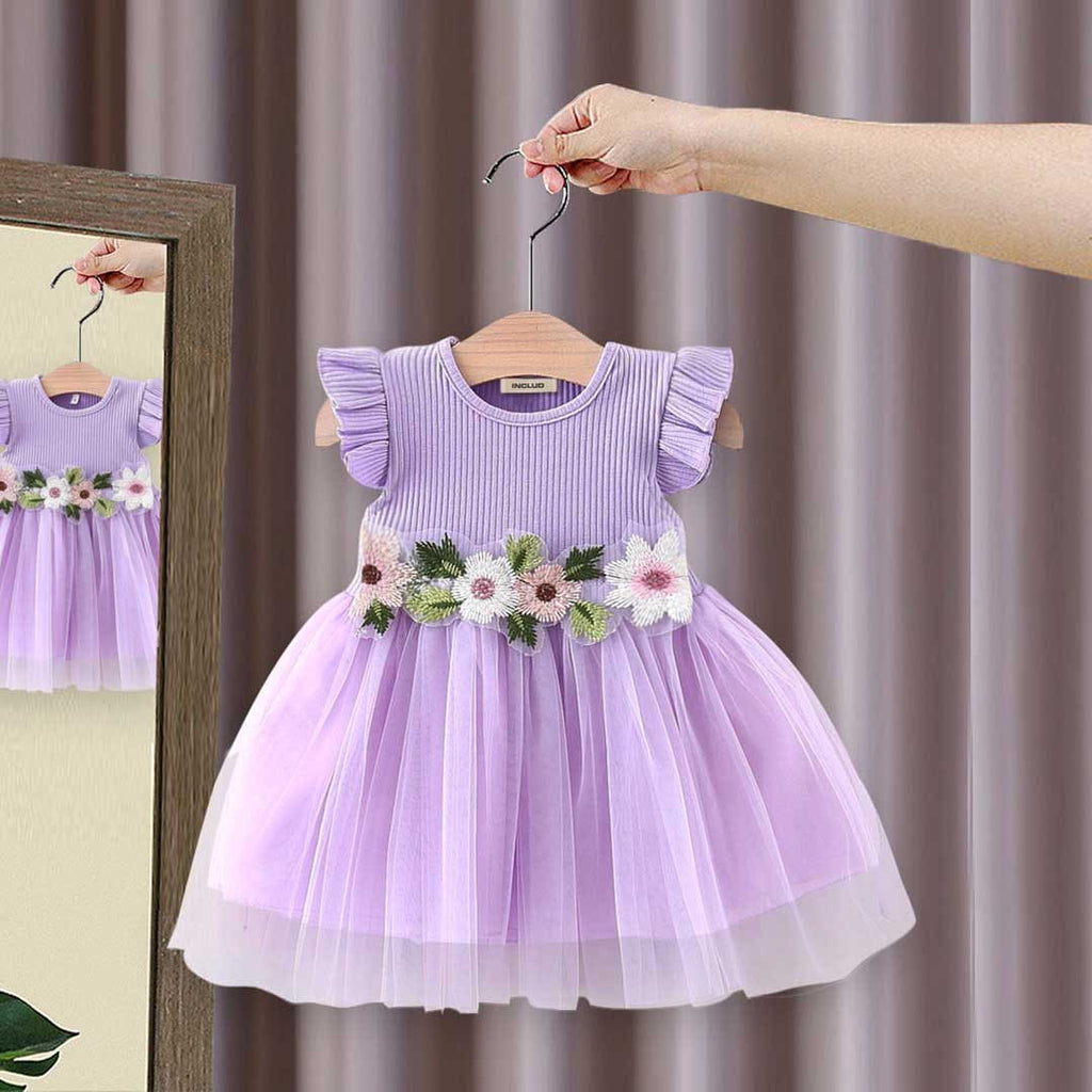 Girls Flower Patch Belt Tulle Overlay Dress Casual Dresses Purple 1-2 Y 