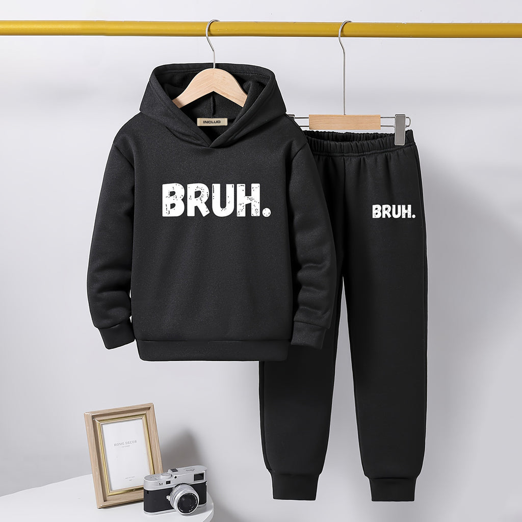 Boys Black Printed Hooded Sweatshirt with Joggers Set Sets Black 5-6 Y