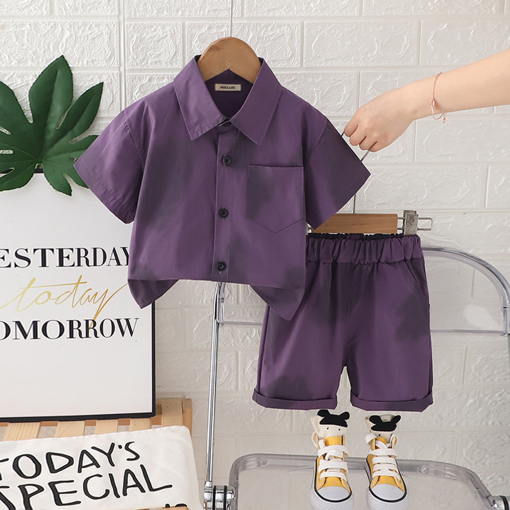 Boys Purple Short Sleeves Front Pocket Shirt With Shorts Set 2 pc. Sets Purple 1-2 Y