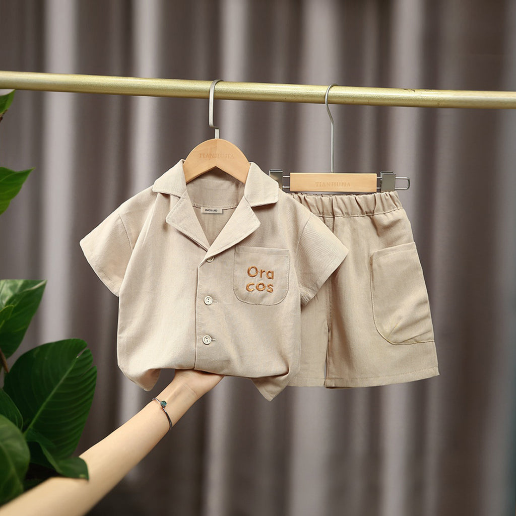 Boys Khaki Short Sleeve Lapel Collar Shirt With Shorts Set 2 pc. Sets Khaki 1-2 Y