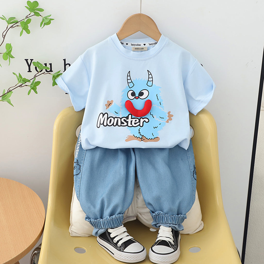 Boys Blue Monster Cartoon Print Short Sleeves T-Shirt with Denims Set Sets Blue 1-2 Y