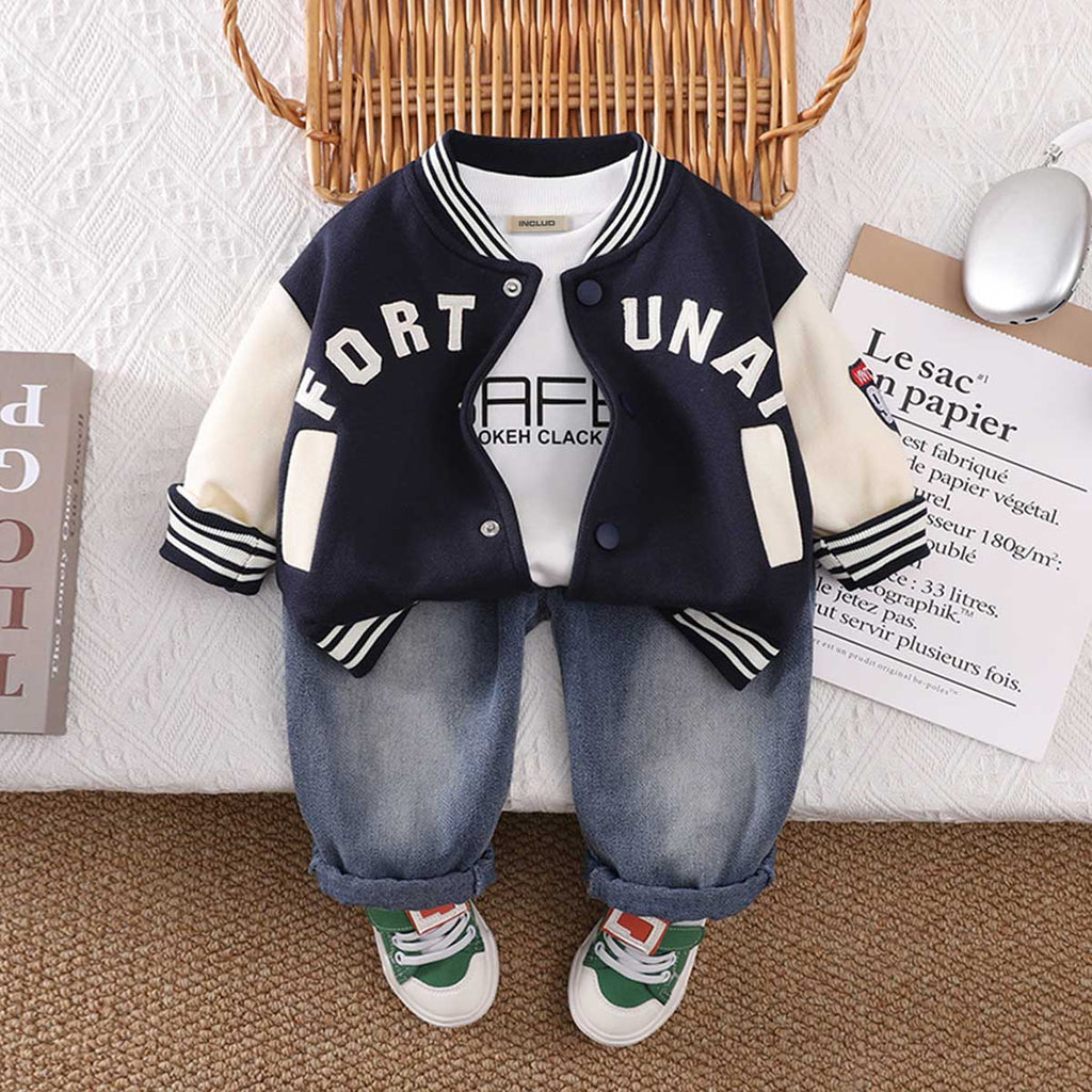 Boys Navy Blue Printed Varsity Jacket with Printed T-shirt & Jeans Set Sets Navy Blue 1-2 Y