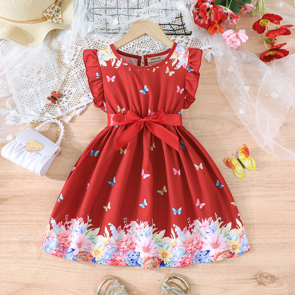 Girls Red Butterfly Printed Flutter Sleeves Dress Casual Dresses Red 3-4 Y