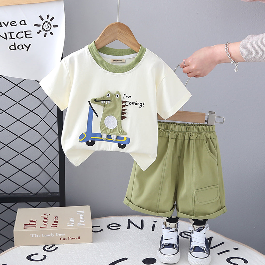 Boys Green Short Sleeve Cartoon applique T-Shirt With Shorts Set 2 pc. Sets Green 1-2 Y