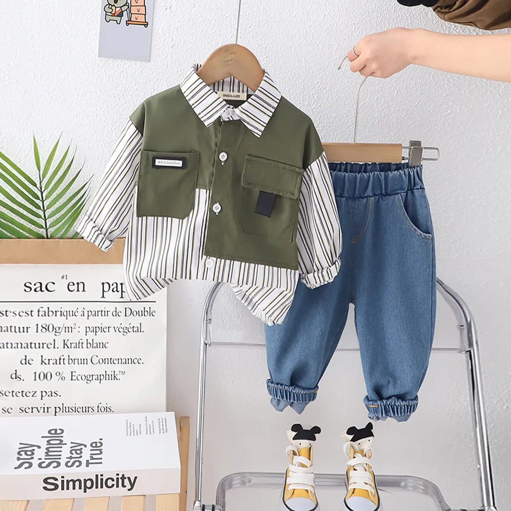 Boys Green Stripes Shirt With Denim Jogger Sets Sets Green 1-2 Y