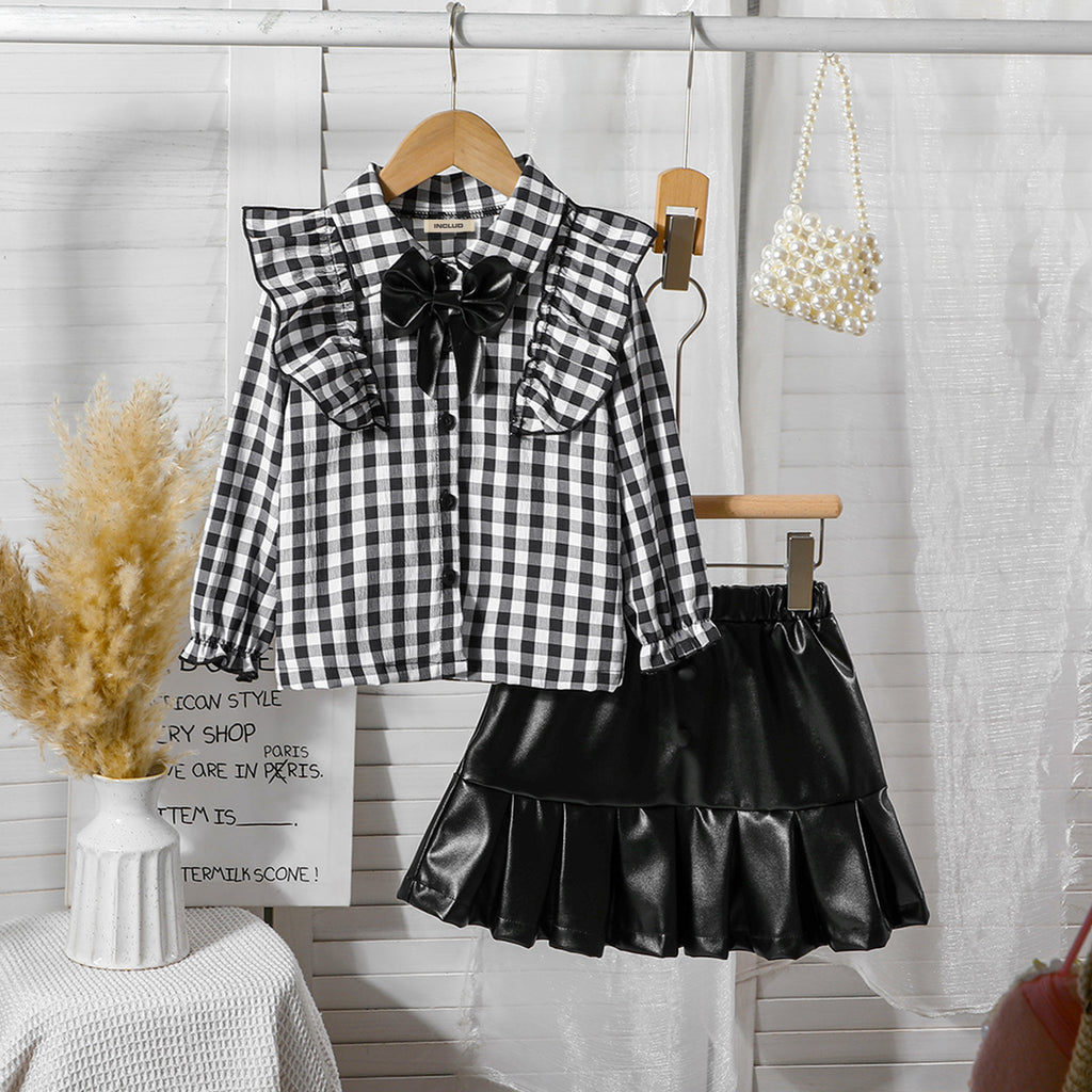 Girls Black Long Sleeve Checked Shirt With Faux Leather Skirt Sets 2 pc. Sets Black 3-4 Y