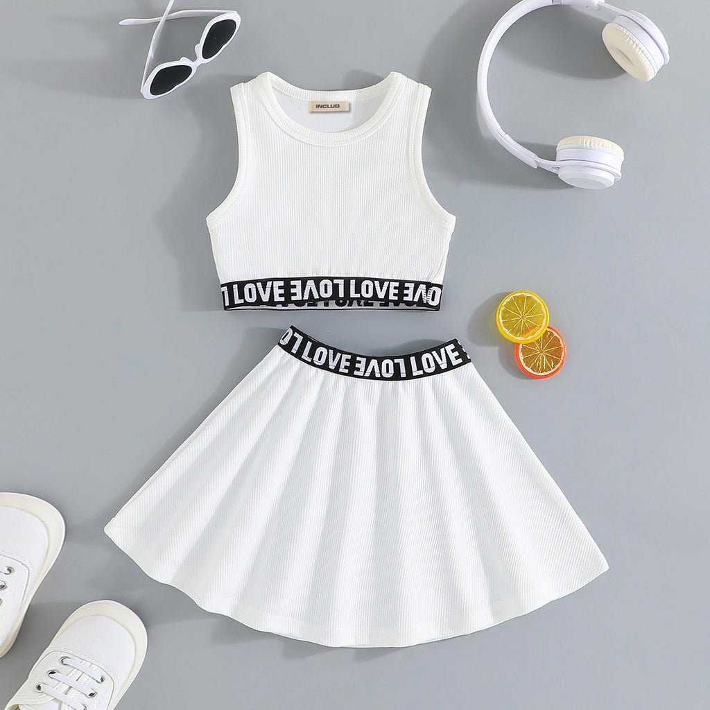 Girls White Sleeveless Crop Top with Flared Skirt Set 2 pc. Sets White 2-3 Y