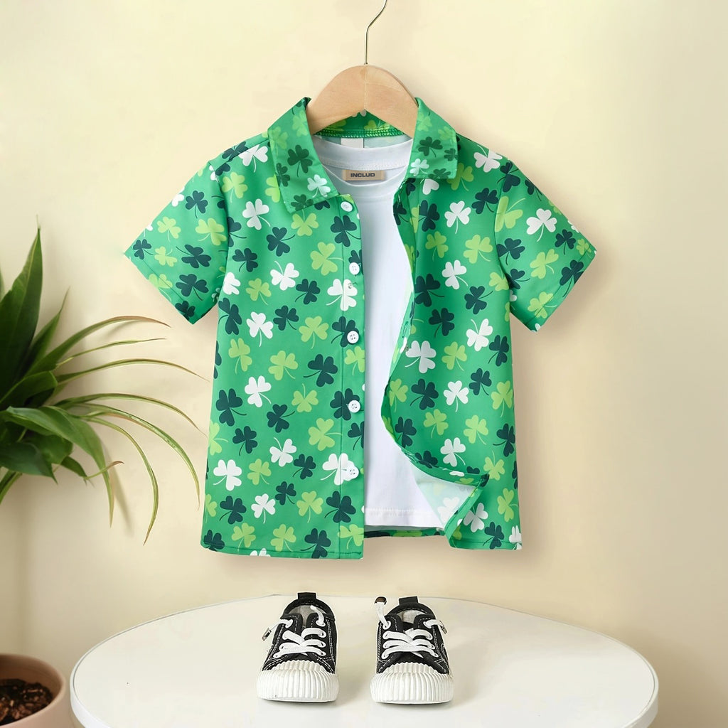 Boys Green Floral Printed Short Sleeves Shirt Shirts Green 3-4 Y