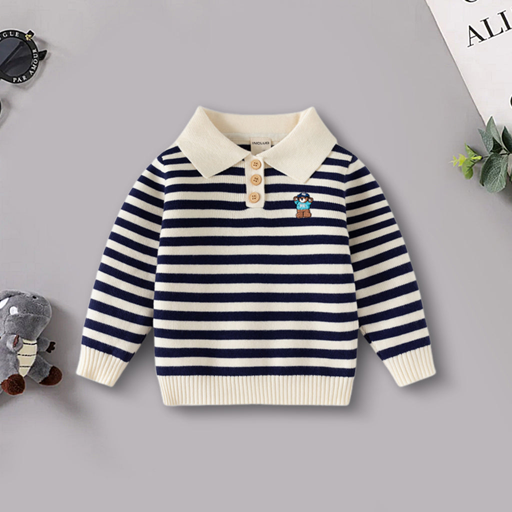 Boys Apricot Polo Sweater With Self-Design Stripe Patterns Sweaters & Cardigans Apricot 2-3 Y