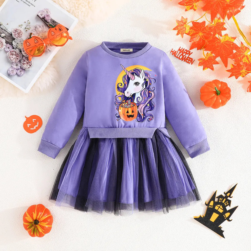 Girls Purple Halloween Unicorn Pumpkin Print Tutu Dress Casual Dresses Purple 1-2 Y