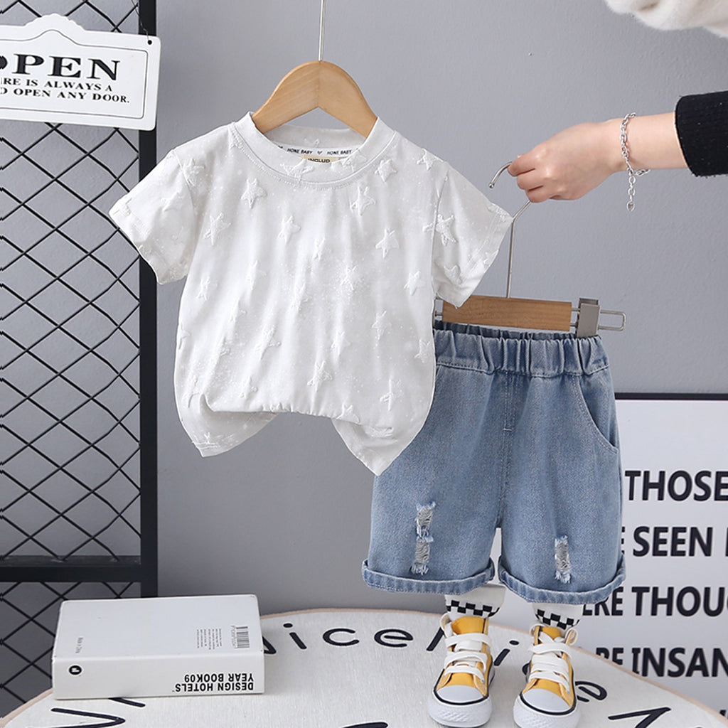 Girls White Star Print T-Shirt With Denim Shorts Set 2 pc. Sets White 1-2 Y