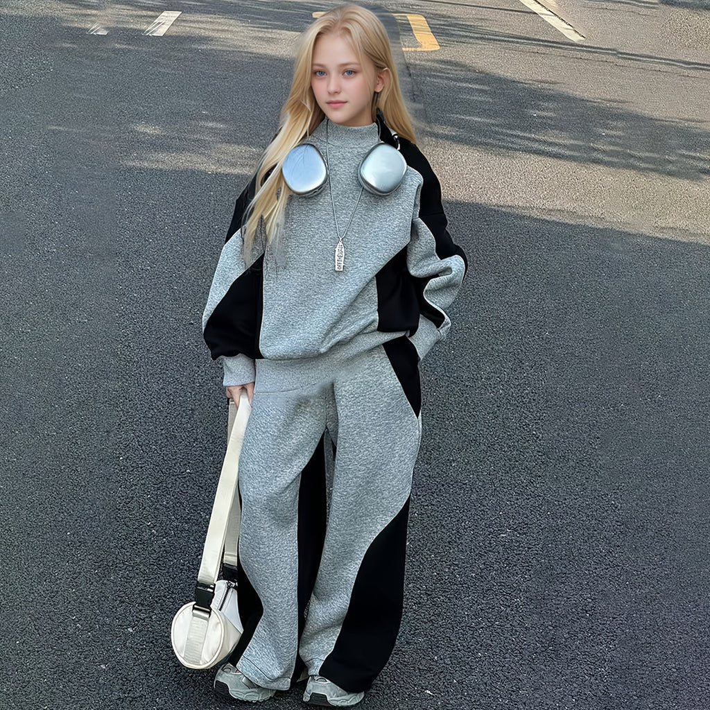 Girls Dark Grey Colorblocked High Neck Sweatshirt With Pants Sets 2 pc. Sets Dark Grey 5-6 Y