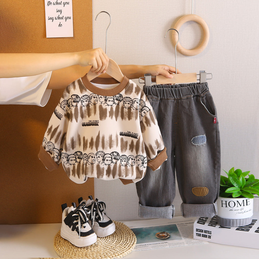 Boys Brown Printed Sweatshirt With Denim Pants Set 2 pc. Sets Brown 1-2 Y