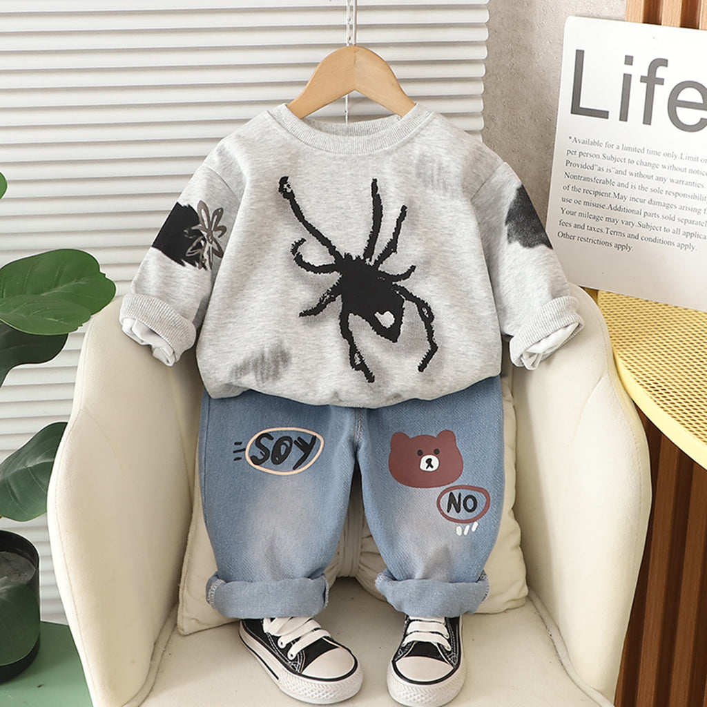 Boys Grey Spider Printed Winter Sweatshirt With Denim Pants Set 2 pc. Sets Grey 1-2 Y