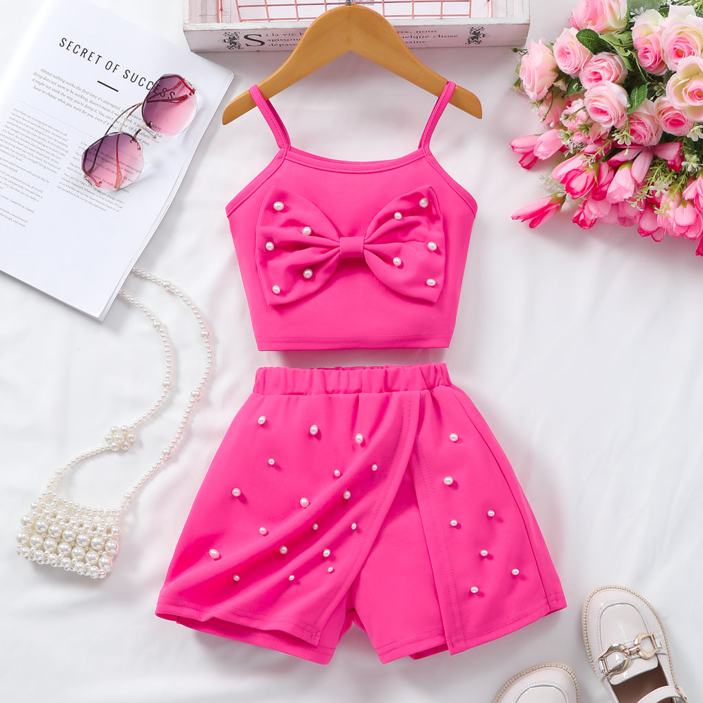 Girls Fuchsia Camisole Top With Bow And Beaded Shorts Set 2 pc. Sets Fuchsia 2-3 Y