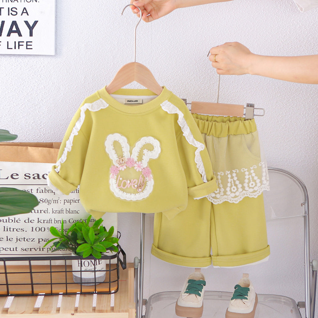 Girls Green Rabbit Applique Sweatshirt With Pants Set 2 pc. Sets Green 1-2 Y