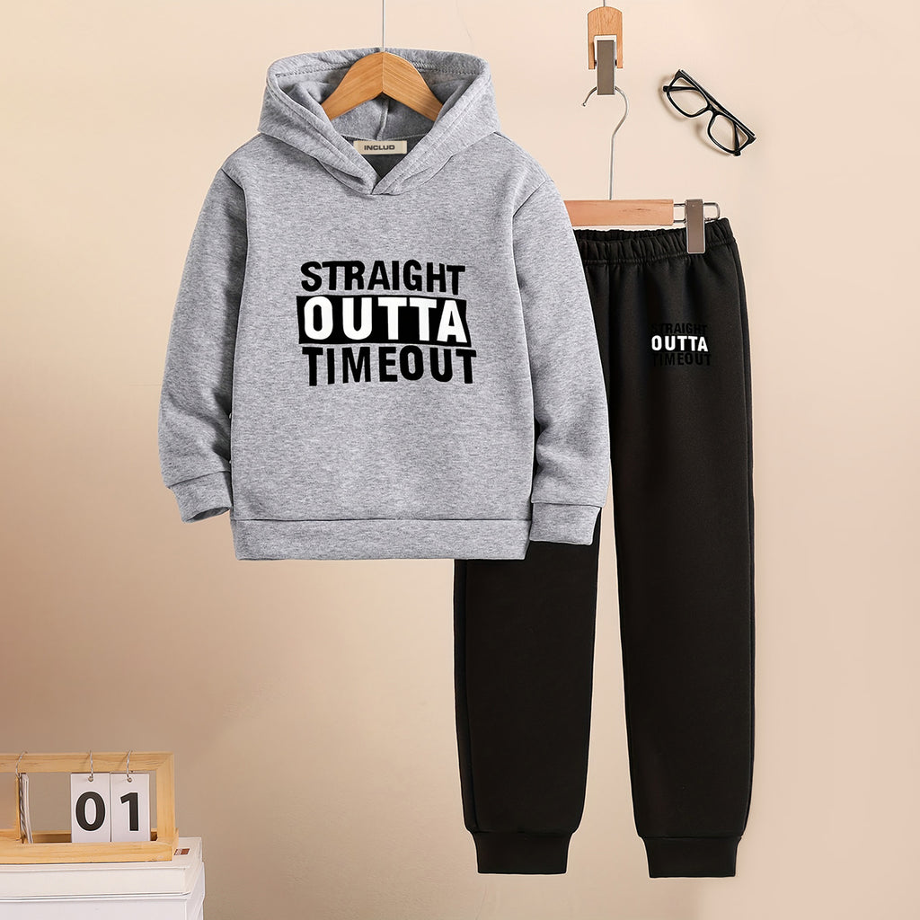 Boys Grey Typographic Printed Hooded Sweatshirt with Joggers Set Sets Grey 5-6 Y