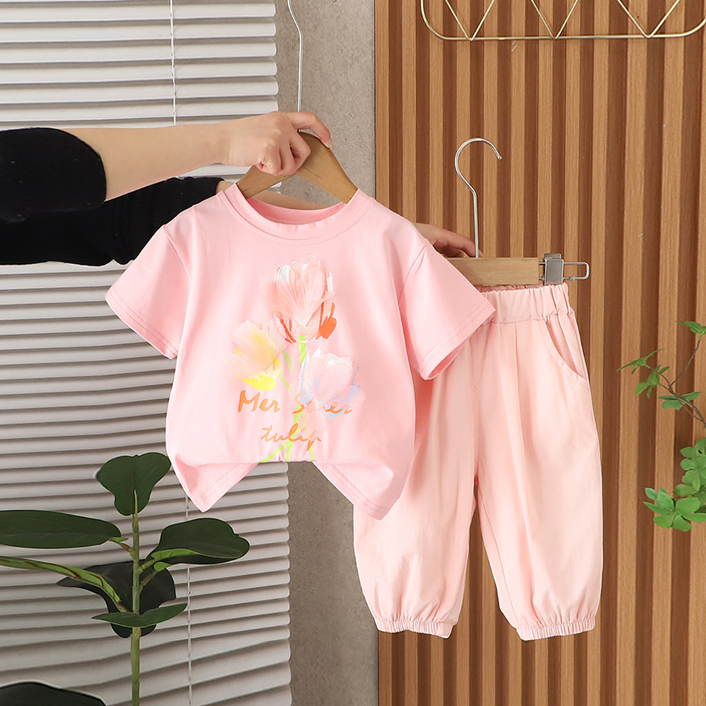 Girls Light Pink Graphic Printed Short Sleeves T-Shirt With Pants Set 2 pc. Sets Light Pink 1-2 Y
