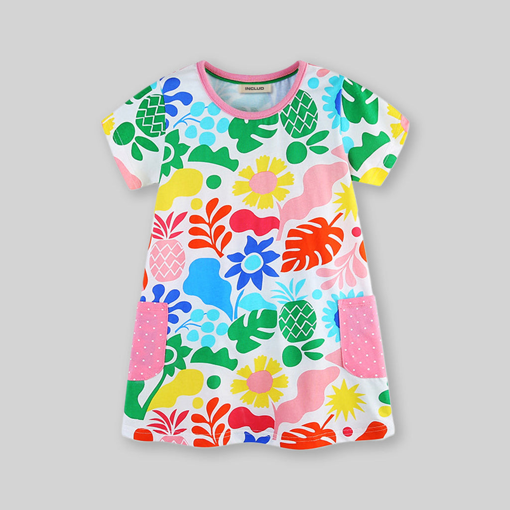 Girls Floral & Leaf Printed Short Sleeves A-line Dress Casual Dresses Multicolor 1-2 Y 