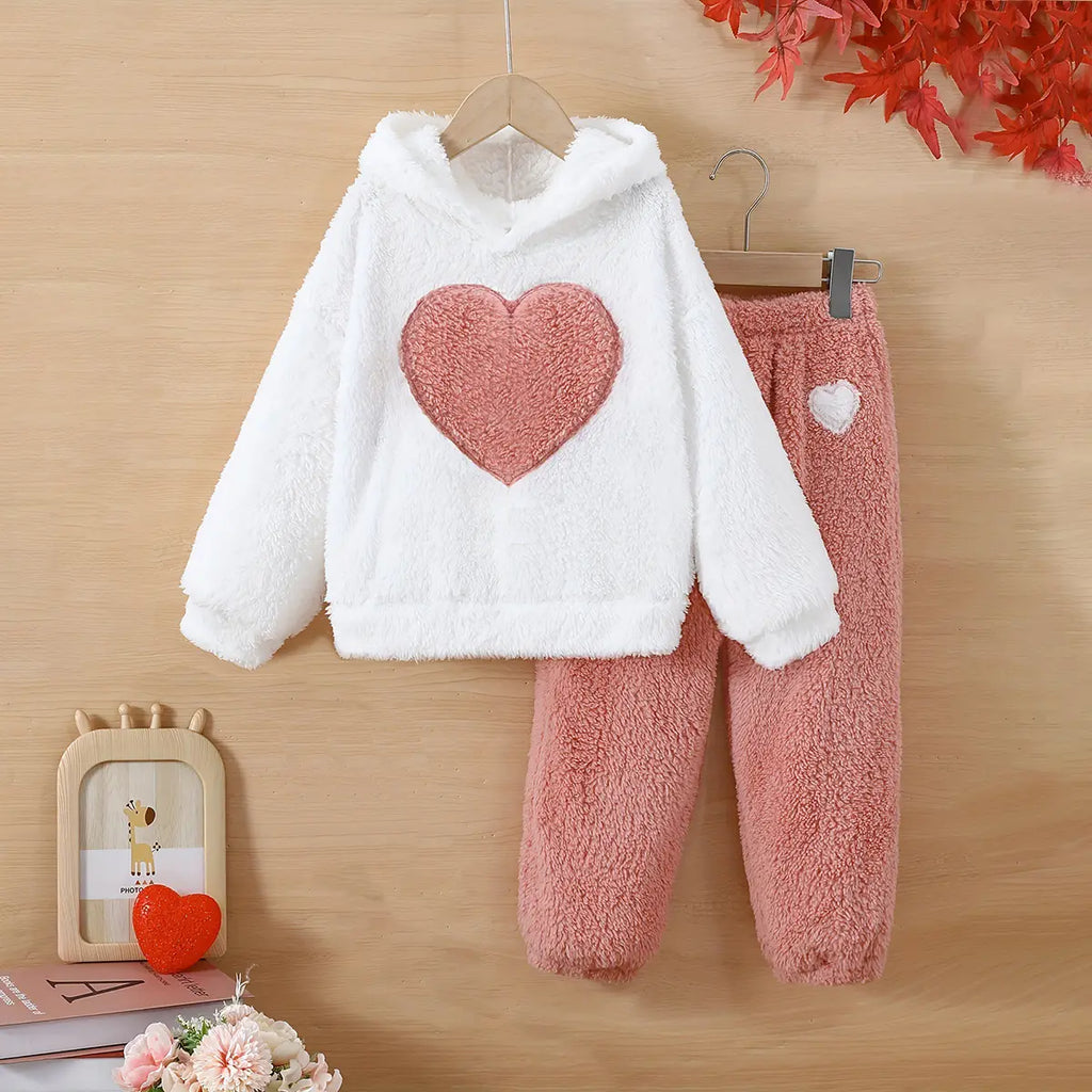 Girls White Heart Embroidered Hooded Fleece Sweatshirt With Jogger Set 2 pc. Sets White 3-4 Y