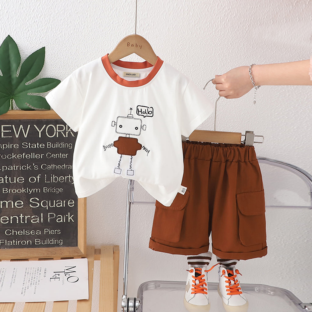 Boys Robot Graphic Short Sleeves T-Shirt With Brown Cargo Shorts Set 2 pc. Sets Brown 1-2 Y