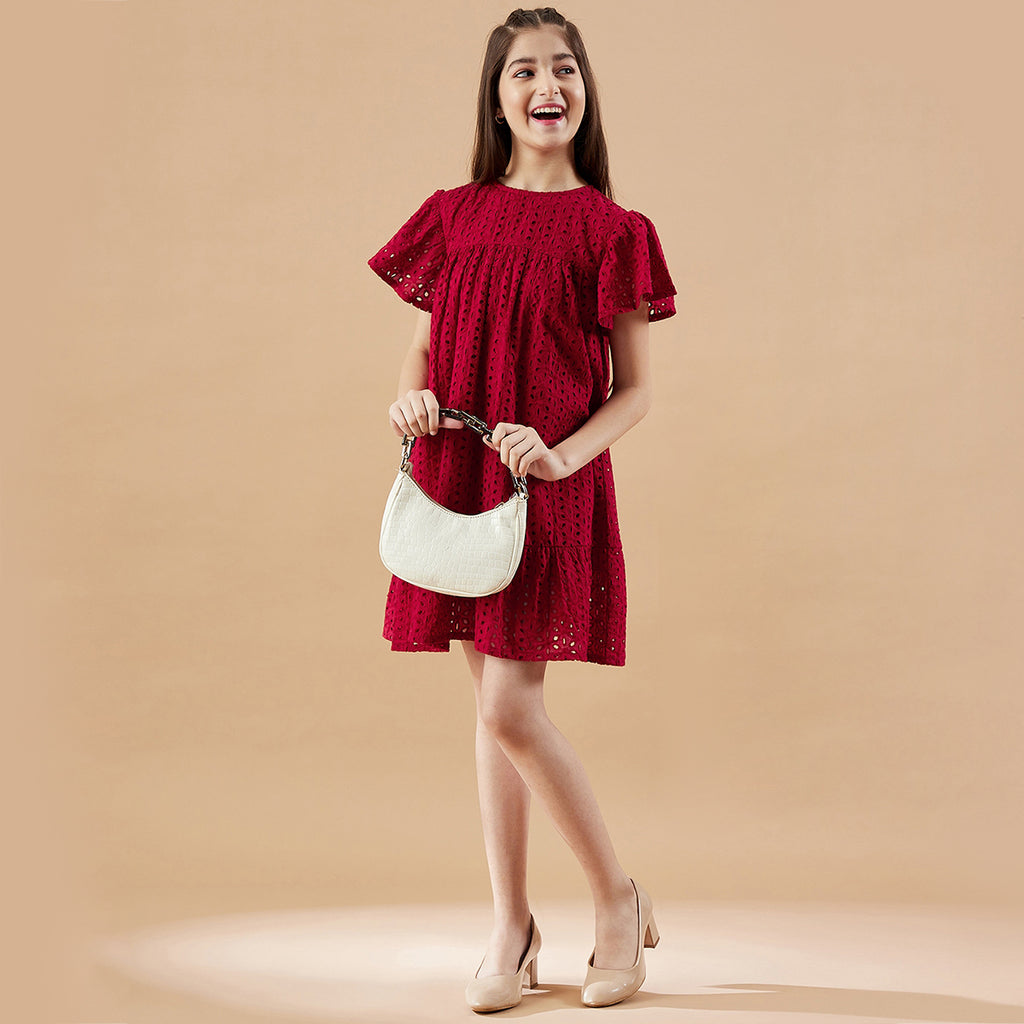 Girls Fuchsia Self Design Flutter Sleeves A-Line Mini Dress Casual Dresses