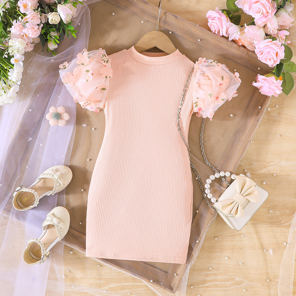 Girls Pink Floral Applique Sleeve Bodycon Dress Casual Dresses Pink 2-3 Y