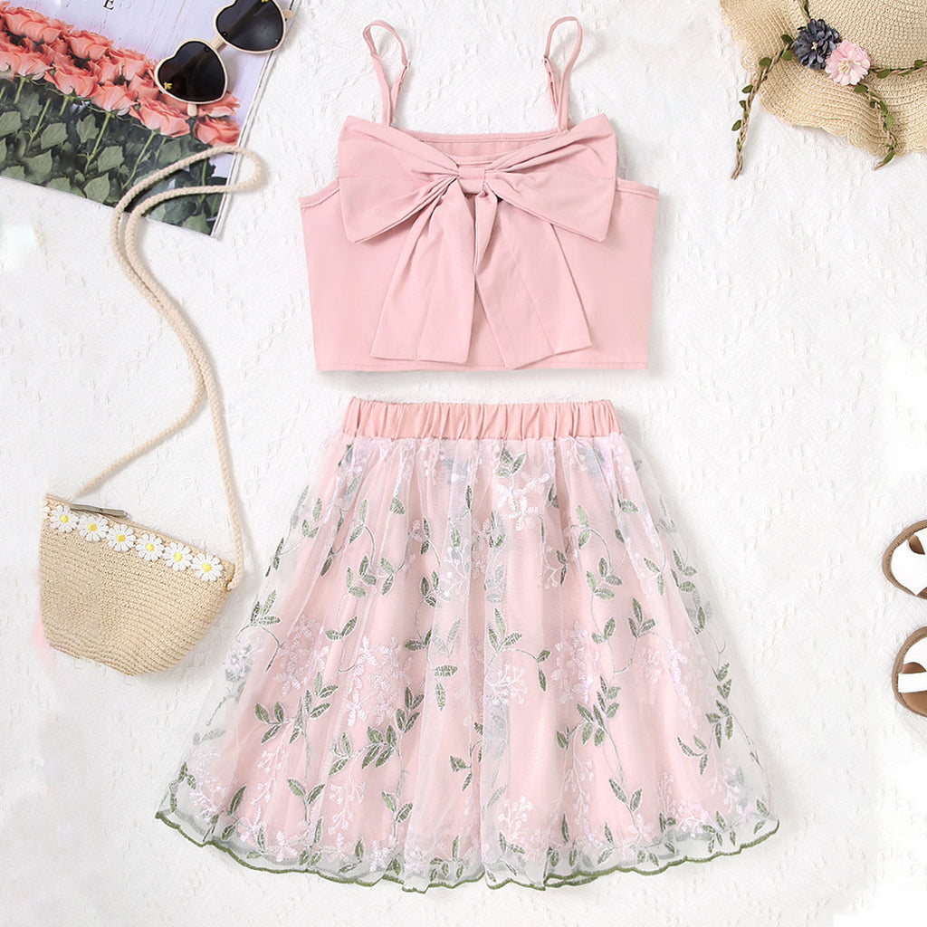 Girls Pink Shoulder Strap Crop Top With Floral Embroidered Skirt Set 2 pc. Sets Pink 7-8 Y