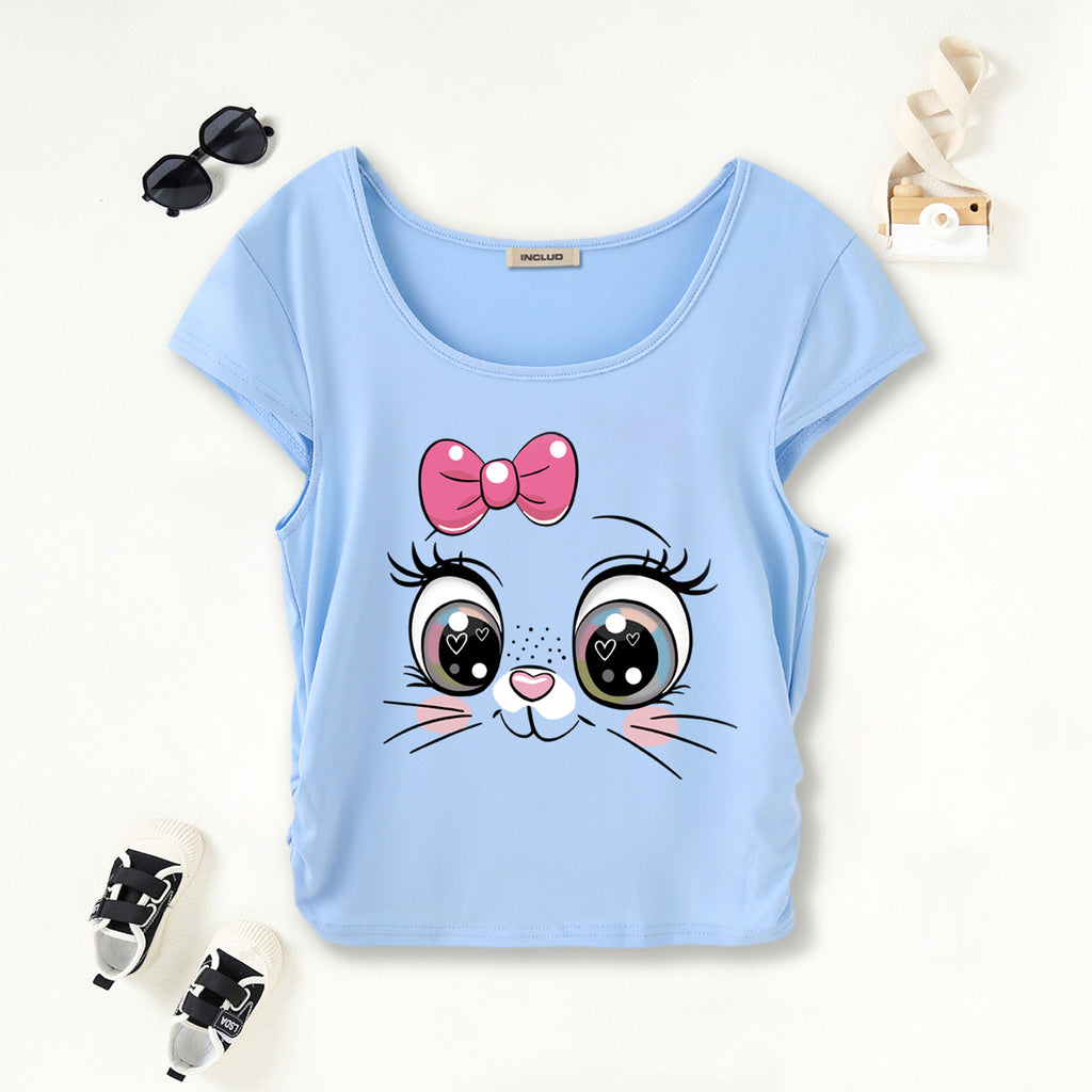 Girls Light Blue Cat-Eyes Graphic Short Sleeves Scoop Neck T-Shirt Tshirts Light Blue 7-8 Y