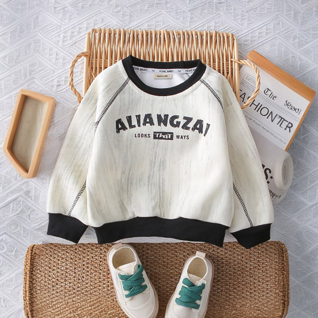 Boys Off White Typographic Printed Sweatshirt With Denim Trousers Sets 2 pc. Sets