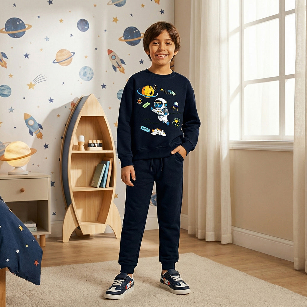 Boys Navy Blue Space Graphics Round Neck Sweatshirt With Joggers Sets 2 pc. Sets Navy Blue 1-2 Y