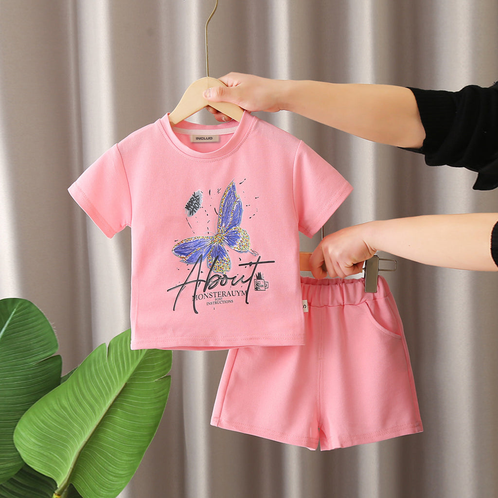 Boys Pink Butterfly Printed Short Sleeves T-Shirt With Shorts Set 2 pc. Sets Pink 1-2 Y