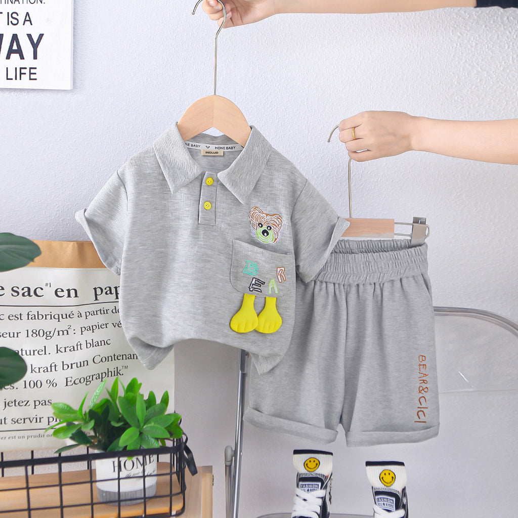 Boys Grey Bear Printed Polo T-Shirt With Shorts Set 2 pc. Sets