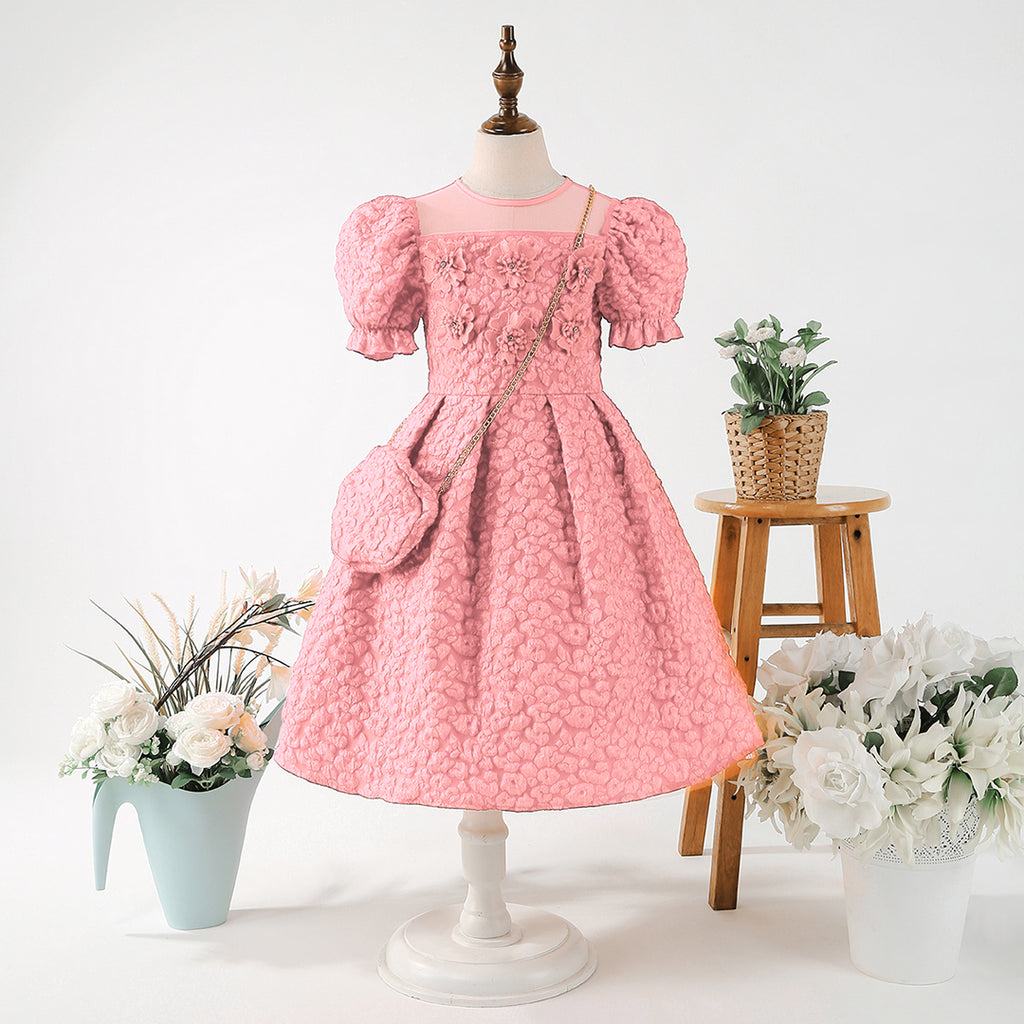 Girls Pink Puff Sleeve Fit & Flare Textured Dress Casual Dresses Pink 12-13 Y