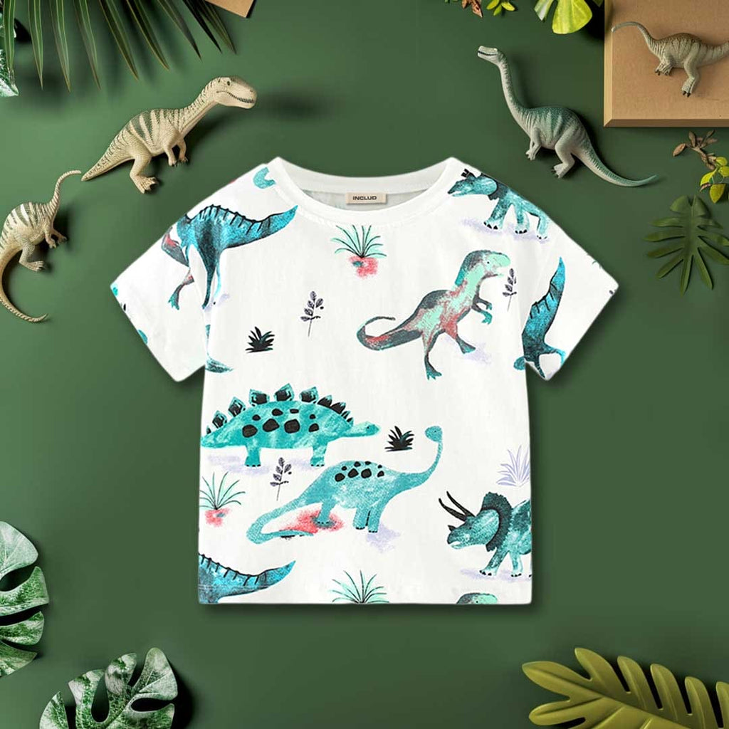 Boys Dinosaur Print Short Sleeves T-shirt Tshirts White 1-2 Y 
