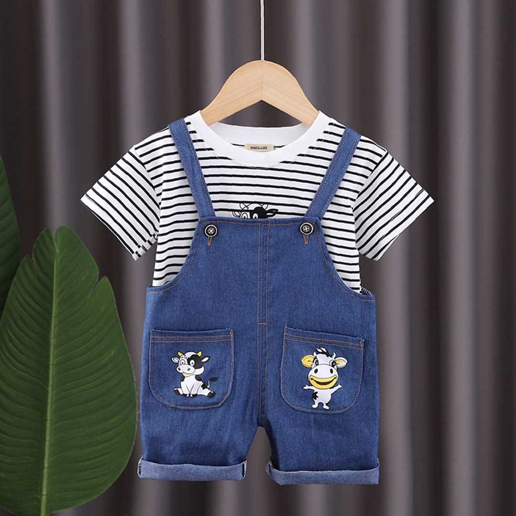 Boys Striped T-shirt with Denim Dungaree Set Sets Navy Blue 1-2 Y 