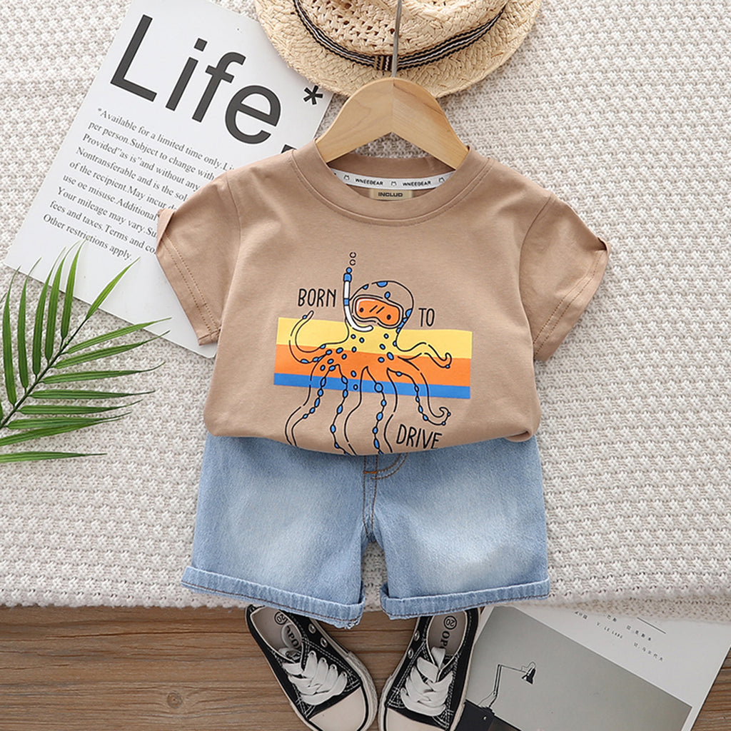 Boys Khaki Graphic Print Short Sleeve T-Shirt With Denim Shorts Set 2 pc. Sets Khaki 1-2 Y