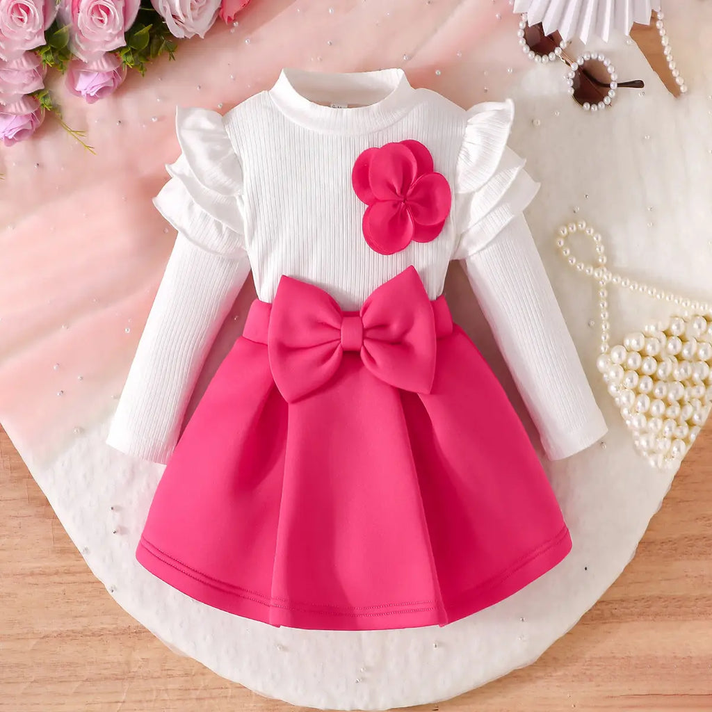 Girls Flower Appliqued Top With Fuchsia Pleated Skirt Sets Sets Fuchsia 1-2 Y