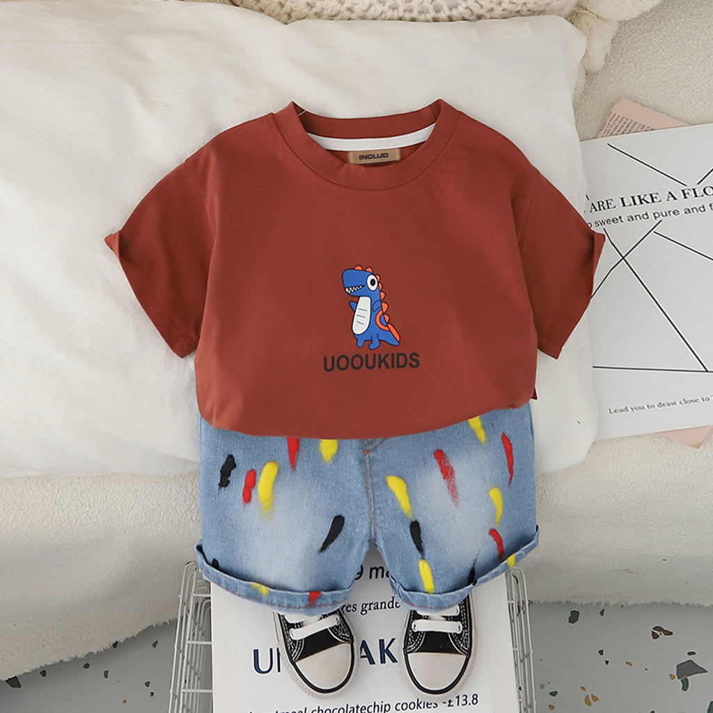 Boys Brown Dinosaur Graphic T-Shirt With Denim Shorts Set 2 pc. Sets Brown 1-2 Y