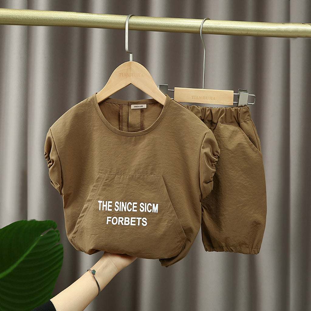 Boys Brown Elasticated Typographic Print T-Shirt With Shorts Set 2 pc. Sets Brown 1-2 Y