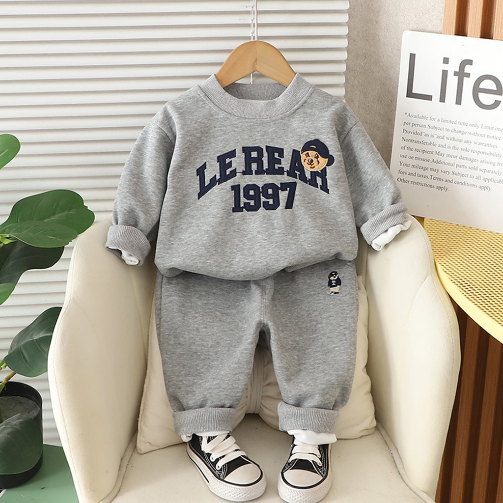 Boys Grey Typographic Embroidered Sweatshirt With Pants Set 2 pc. Sets Grey 1-2 Y