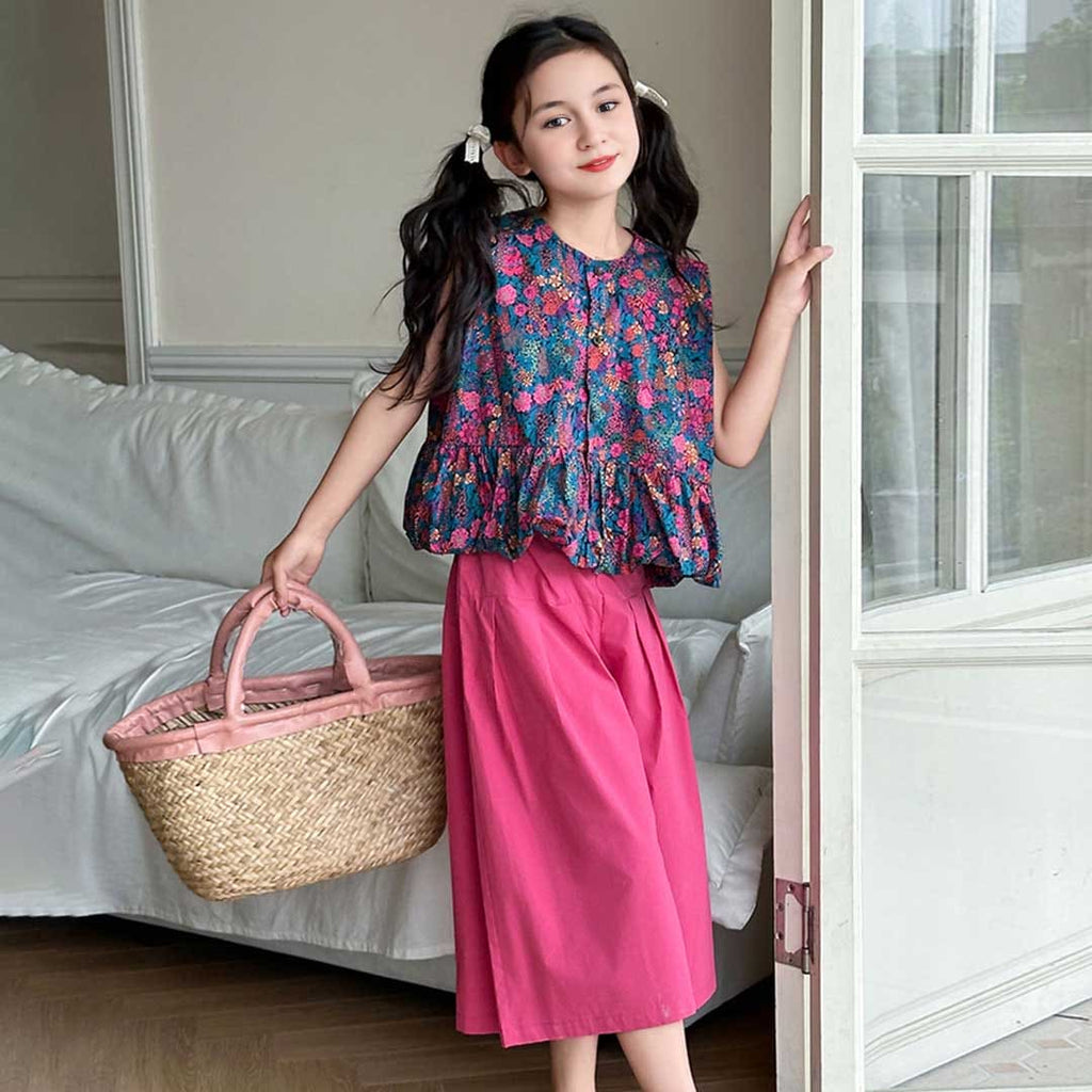 Girls Sleeveless Floral Print Top With Pants Set Sets Blue 6-7 Y 